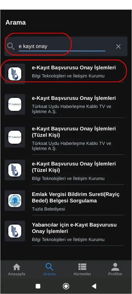 Adım 2: Aramada “e kayıt onay” yazın