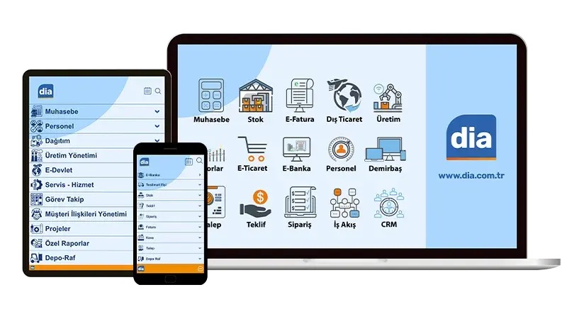 DİA Bulut ERP arayüzünün masaüstü, tablet ve telefon görünümleri